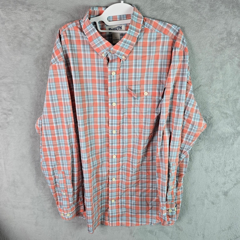 Duluth Trading Co Mens Large Relaxed Fit CoolMax Plaid Button Down Shirt Orange